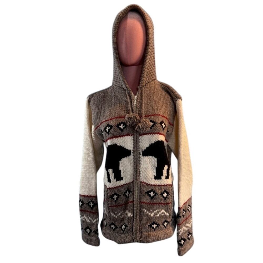 Earth RAGZ Cardigan Hoodie Sweater Jacket Zip Close Intarsia Bear Pockets S M - Picture 2 of 9